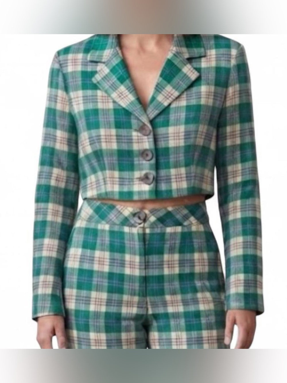 Fashion Brand Company Small Green Plaid Cropped Suit Blazer w\ Shoulder Pads